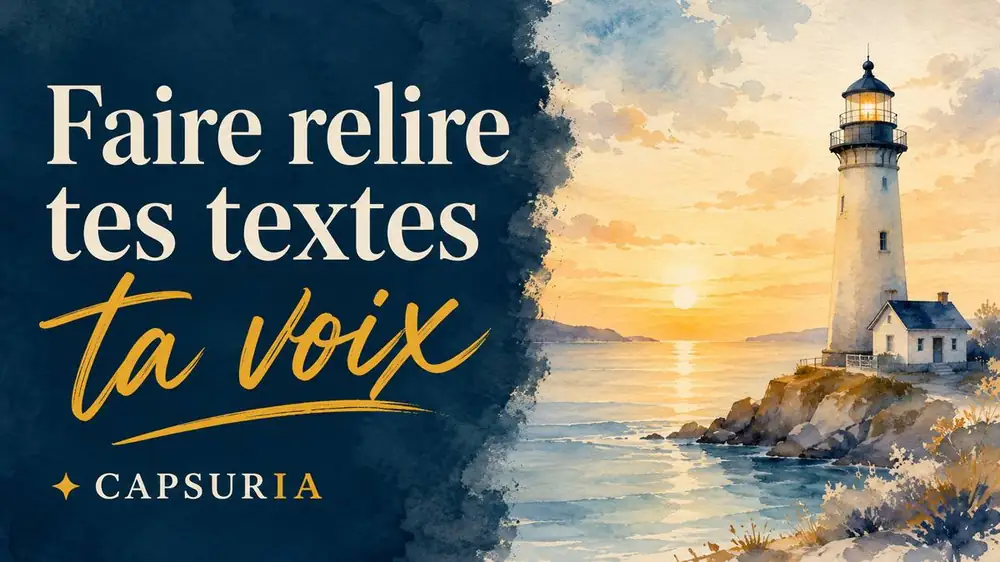Faire relire tes textes, ta voix. Illustration aquarelle maritime CapsurIA, un phare sur un promontoire rocheux au coucher de soleil, la mer calme au premier plan.