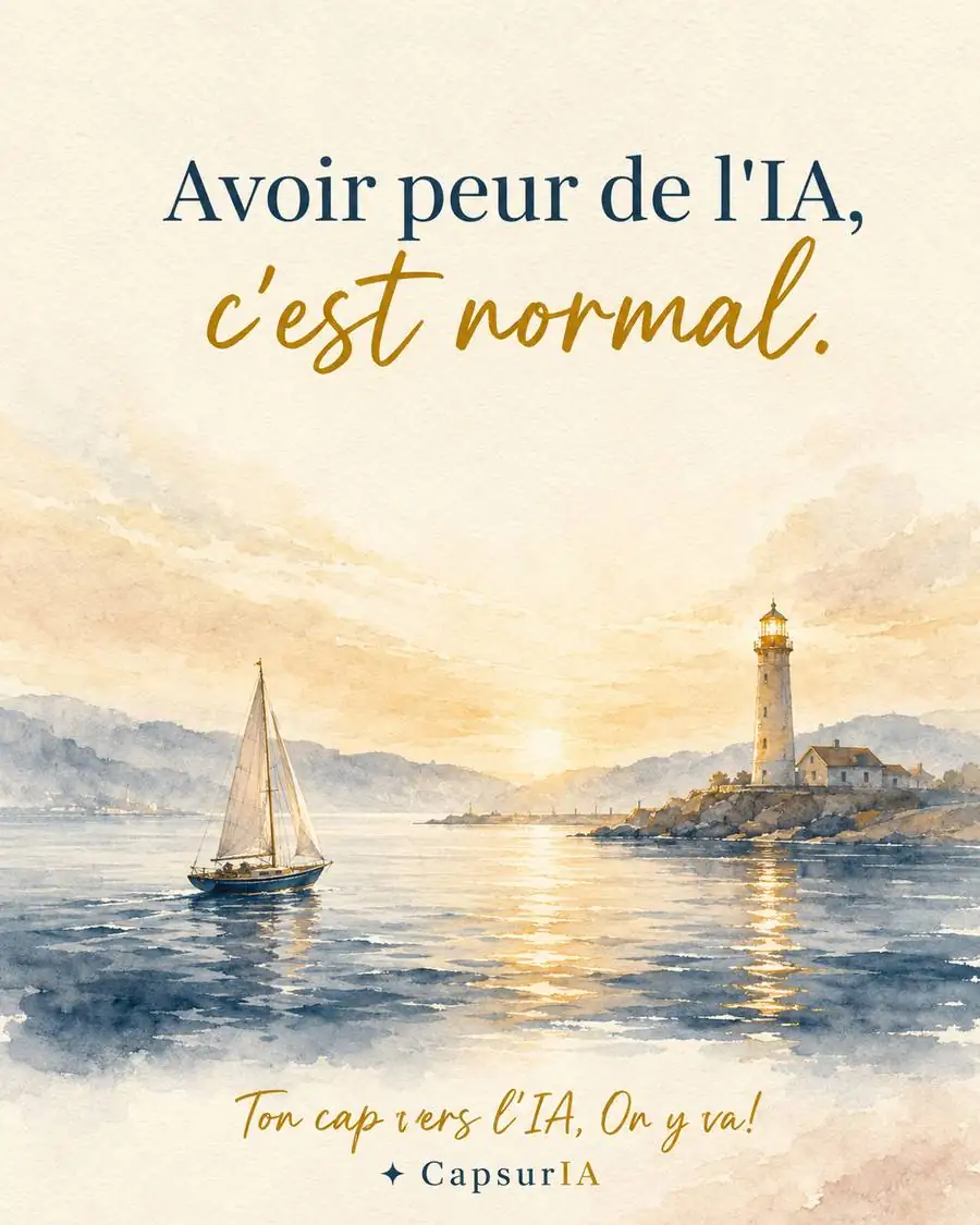 Avoir peur de l'IA, c'est normal. Illustration aquarelle maritime CapsurIA, un voilier vers le phare au coucher de soleil, avec la signature Ton cap vers l'IA, On y va!