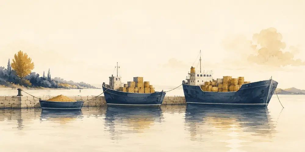 Trois bateaux de tailles differentes amarres a un quai, du petit canot au grand cargo, illustration aquarelle maritime