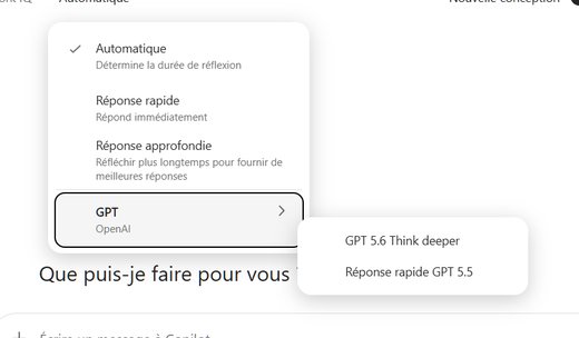 Menu de modèles dans Copilot