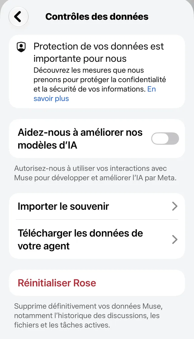 Écran Contrôles des données de Muse, interrupteur Aidez-nous à améliorer nos modèles d'IA désactivé, options Importer le souvenir, Télécharger les données de votre agent et Réinitialiser Rose