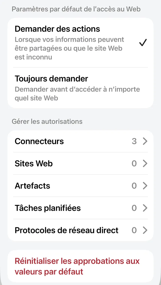 Écran Autorisations de Muse, accès au Web réglé sur Demander des actions, option Toujours demander, liste des autorisations et bouton Réinitialiser les approbations aux valeurs par défaut