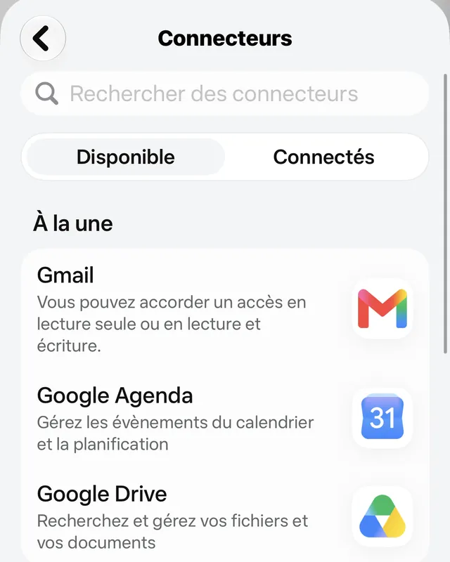 Écran Connecteurs de Muse, onglets Disponible et Connectés, Gmail avec accès en lecture seule ou en lecture et écriture, Google Agenda et Google Drive