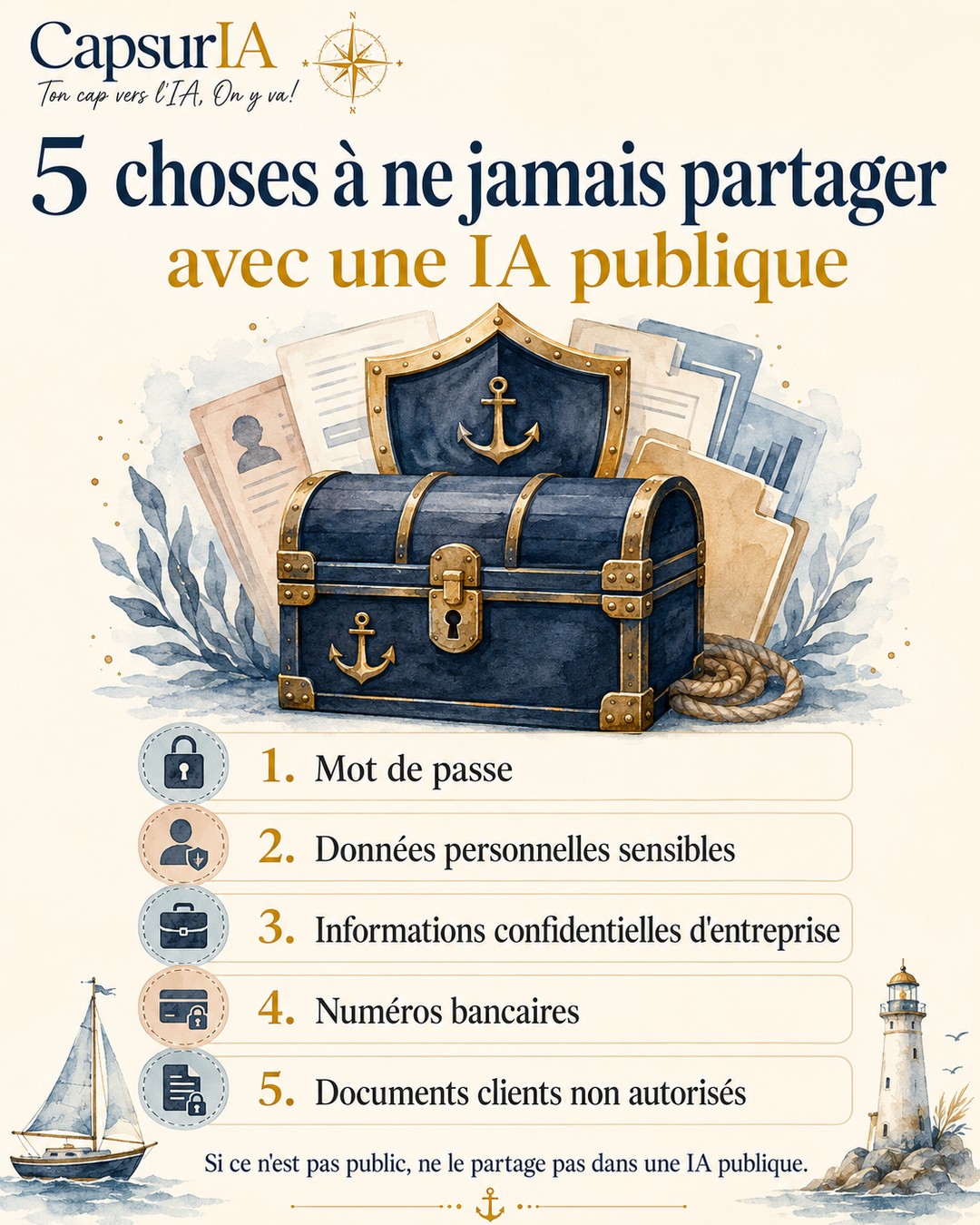 Affiche CapsurIA : 5 choses à ne jamais partager avec une IA publique