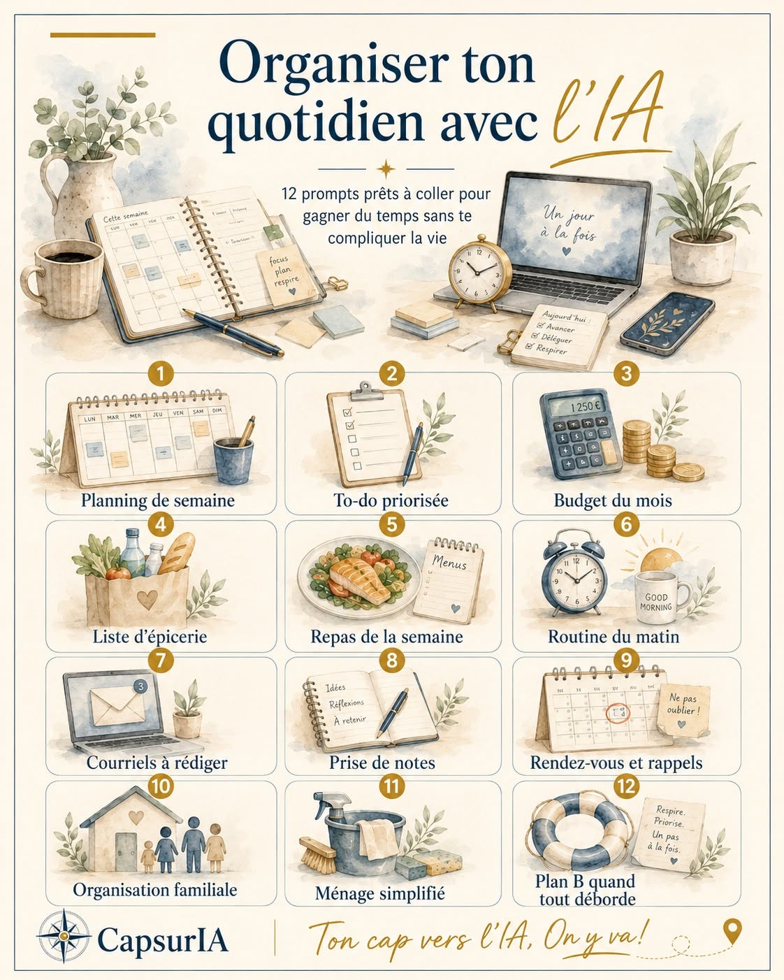 Affiche CapsurIA : organiser ton quotidien avec l'IA, 12 prompts