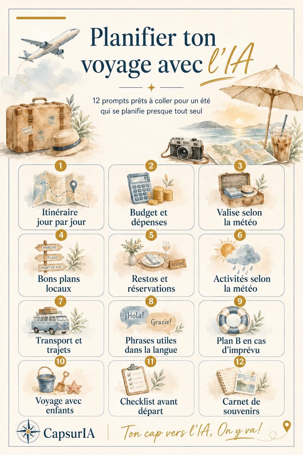 Affiche CapsurIA : planifier ton voyage avec l'IA, 12 prompts