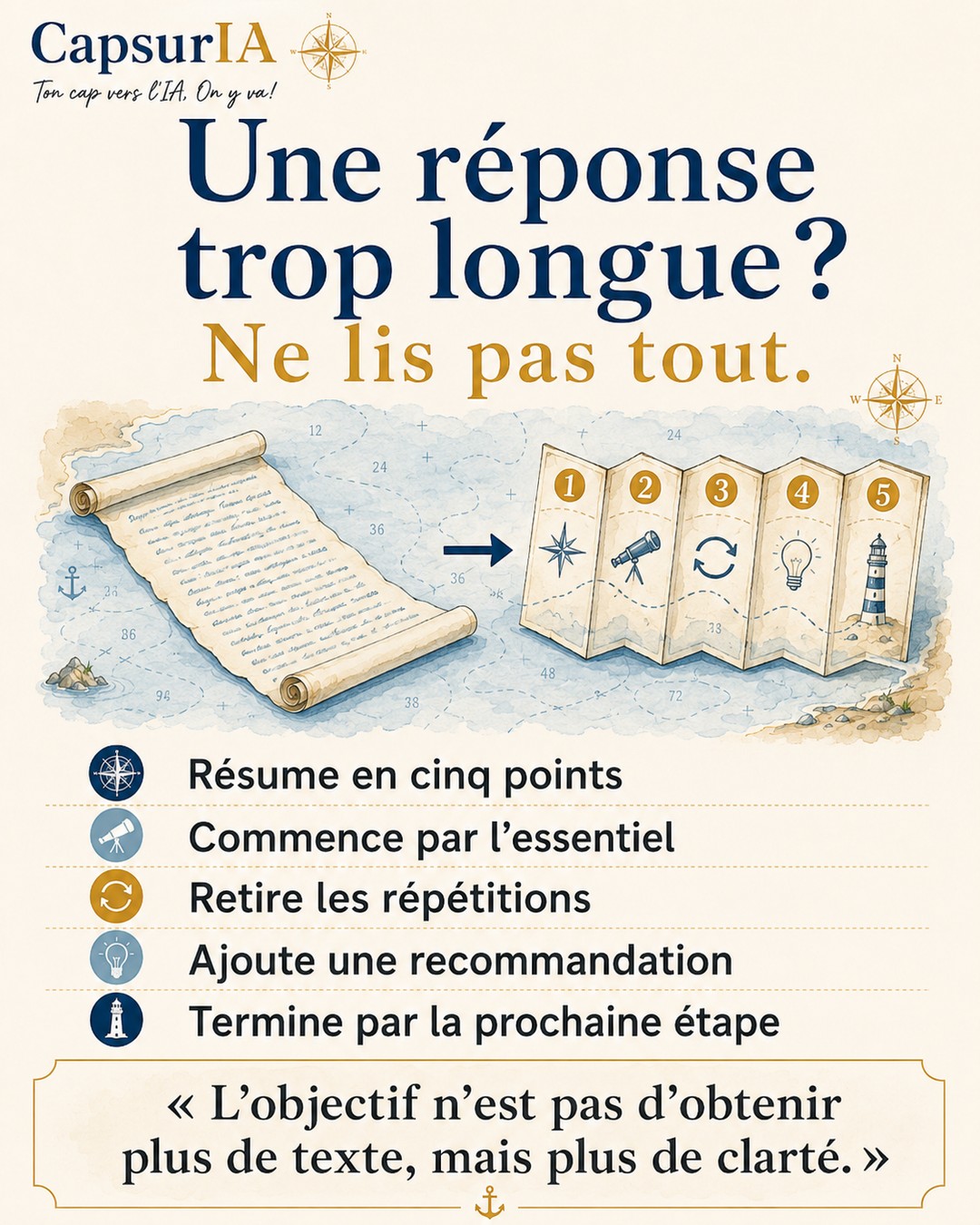 Affiche CapsurIA : resserrer une réponse trop longue en cinq points