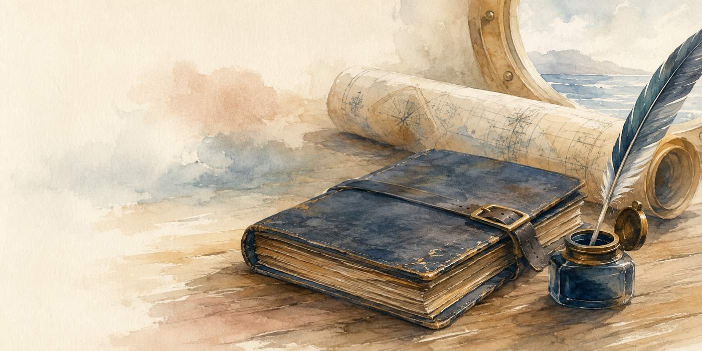 Journal de bord de marin fermé par une sangle de cuir, plume et encrier, illustration aquarelle CapsurIA