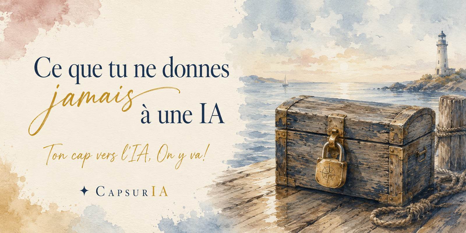 Coffre de marin fermé par un cadenas de laiton sur un quai au bord de la mer, illustration aquarelle CapsurIA, titre : ce que tu ne donnes jamais à une IA