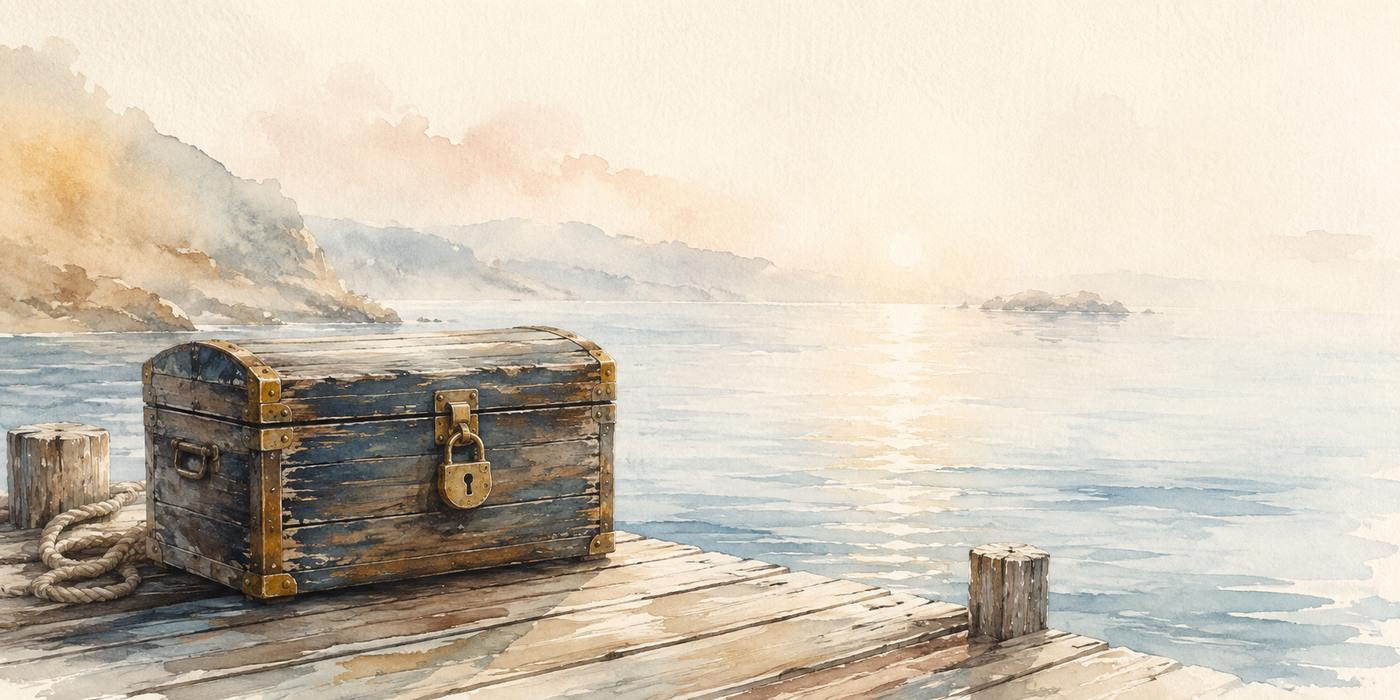Coffre de marin cadenassé sur un quai au coucher de soleil, mer calme, illustration aquarelle CapsurIA
