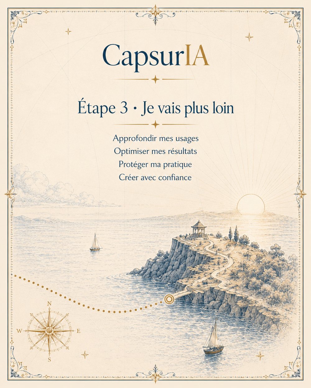 Étape 3 du parcours CapsurIA, Je vais plus loin. Illustration façon carte marine : un cap rocheux baigné de lumière dorée, horizon ouvert au couchant.