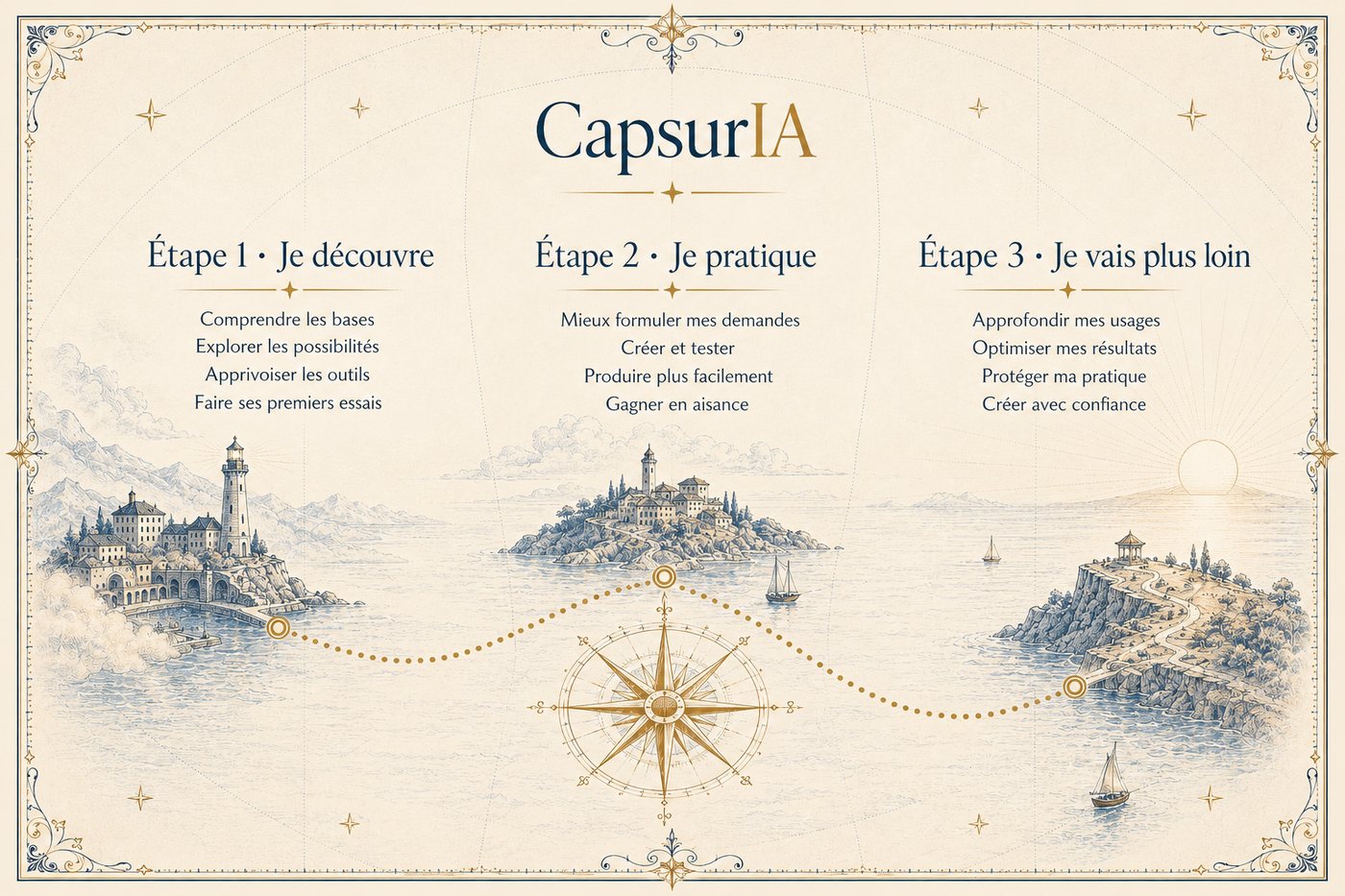La carte du parcours CapsurIA en trois escales : découvrir, pratiquer, aller plus loin. Illustration façon carte marine avec phare, rose des vents et cap au couchant.