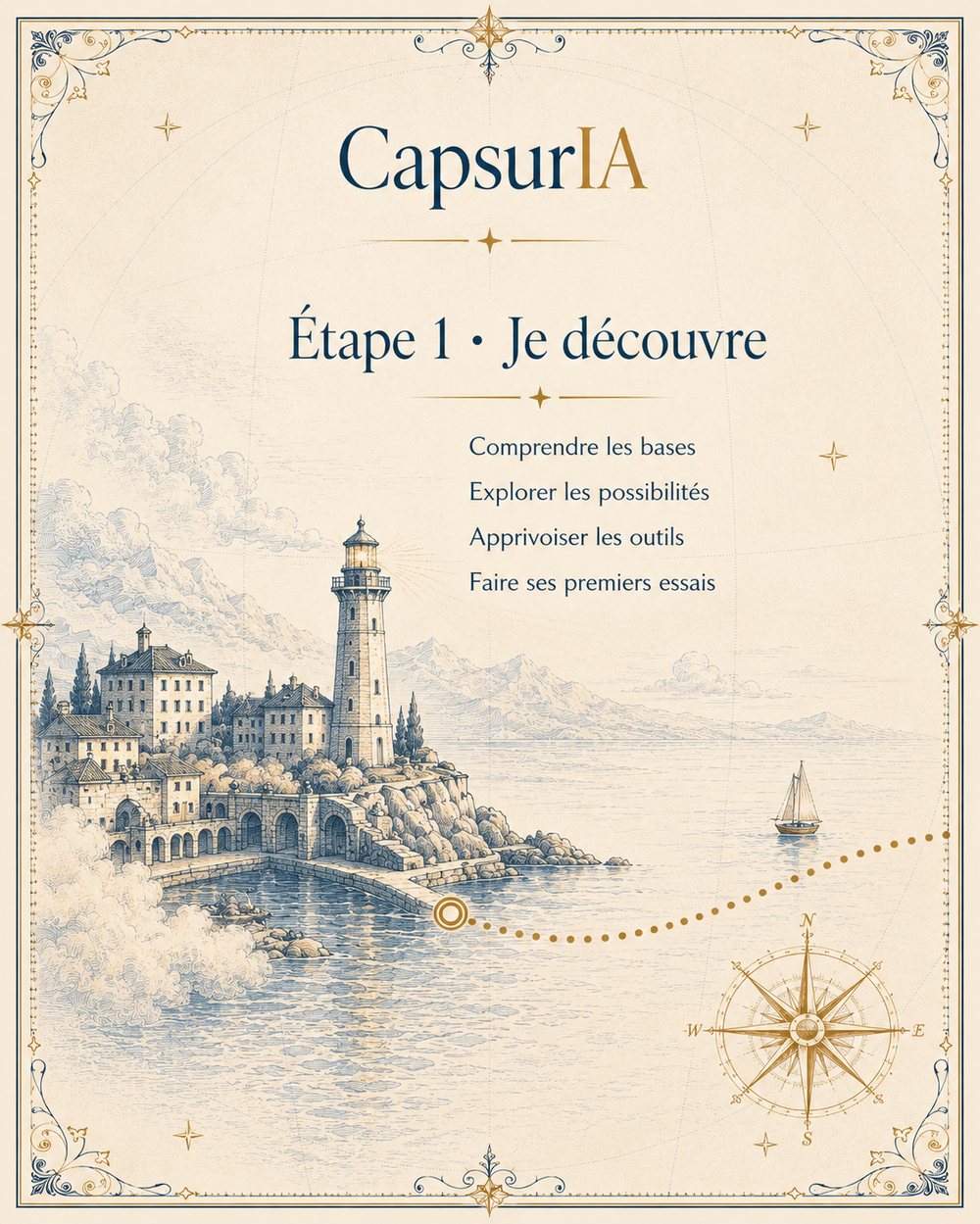 Étape 1 du parcours CapsurIA, Je découvre l’IA. Illustration façon carte marine : un port et un phare allumé dans la brume du matin, un voilier prêt à partir.