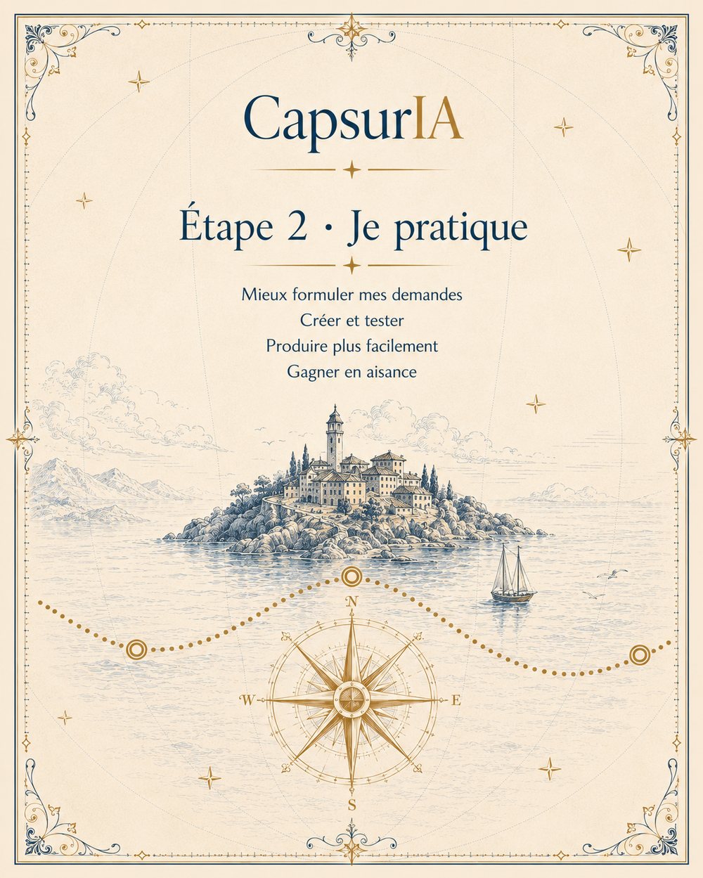 Étape 2 du parcours CapsurIA, Je pratique. Illustration façon carte marine : une île escale avec une rose des vents sur l’eau et un voilier qui avance.